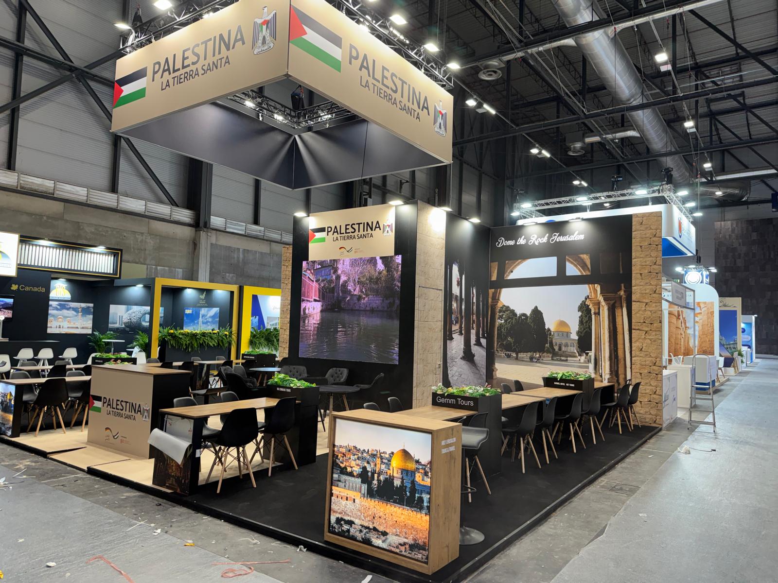 Palestine pavilion with wood tables and meeting area